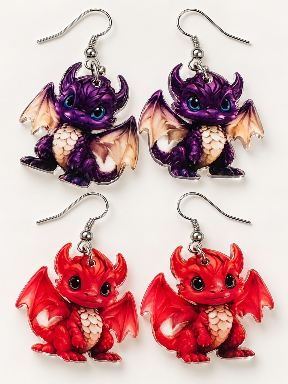 Set of 2 Playful Dragon Dangle Earrings - Purple & Red Cute Charm